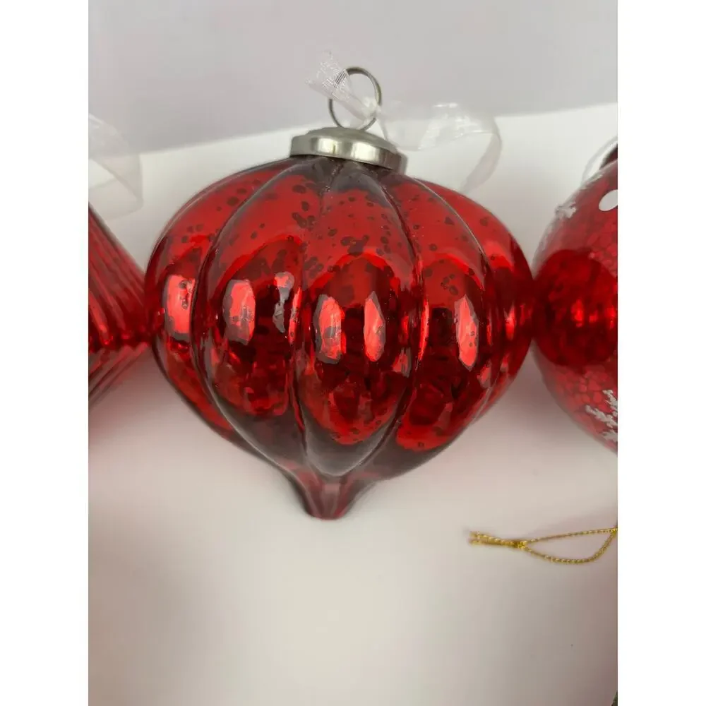 VTG Lot of 6 Glitter Glass Ornaments Round‎ Sphere Red Gold Heavy Tree Decor
